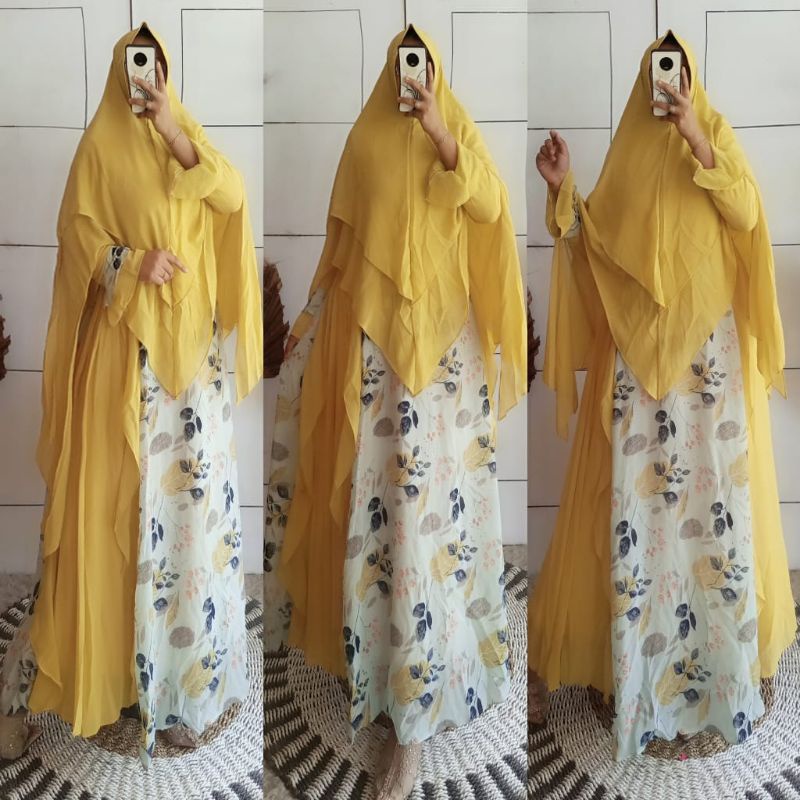 SET GAMIS SYARI BAJU MUSLIMAH CERUTY BABY DOLL PRINTING MOTIF BUSUI JUMBO KHIMAR PARI PER ANTEM ORI9