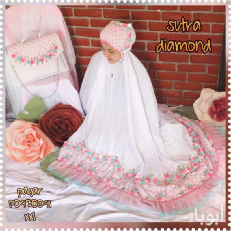 Mukenah bordir tile timbul #fitzgaleri motif pagar baby Pink, putih dan biru