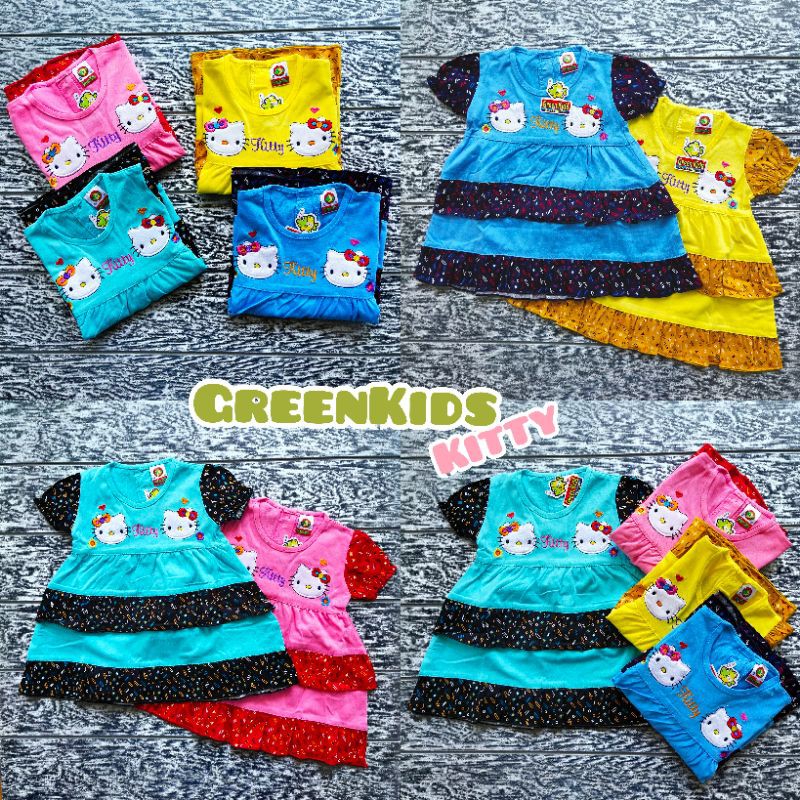 COD Dress Green kids Kitty usia 3-12 bulan baju anak perempuan / girl / cewek / kado murah lucu