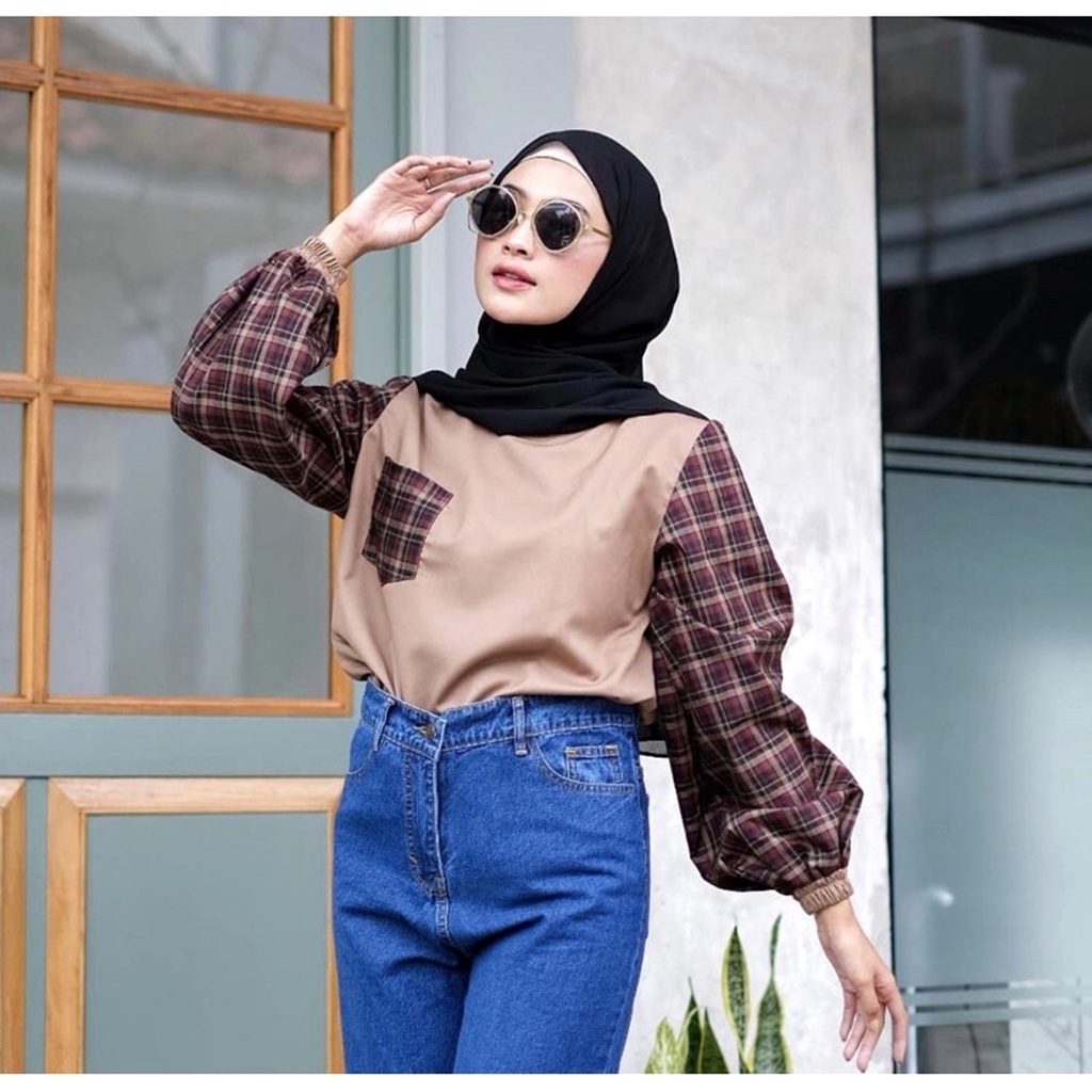 Yola Blouse Kotak Kotak wanita Motif Tartan Linen Atasan Korea Bisa COD