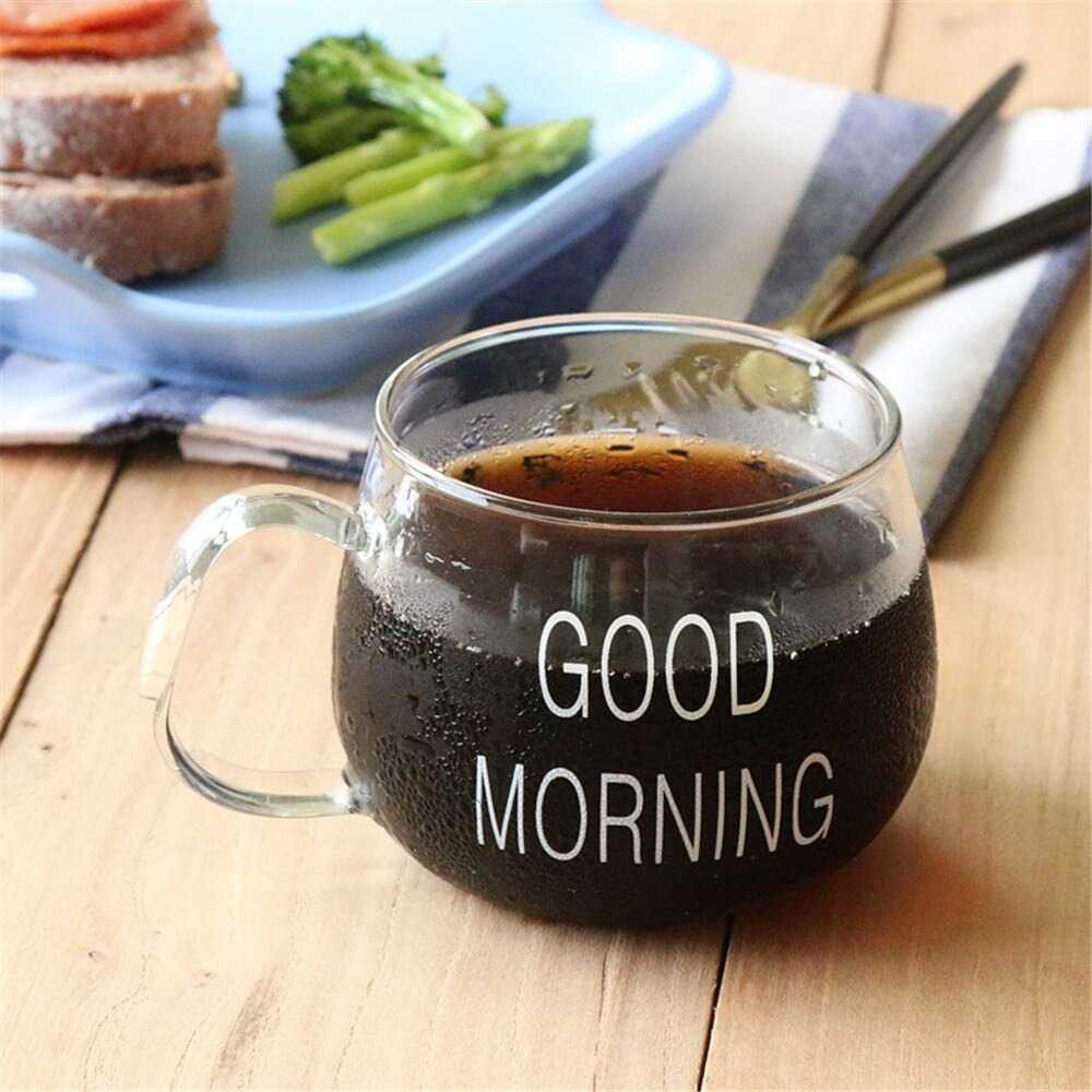 Gelas Kaca Unik Bening Gagang / Gelas Kopi / Mug Kopi Transparan / Gelas Susu / Cangkir Teh / Jus GOOD MORNING 350 ml / Gelas Kaca-GDMORNING WH 350 ML