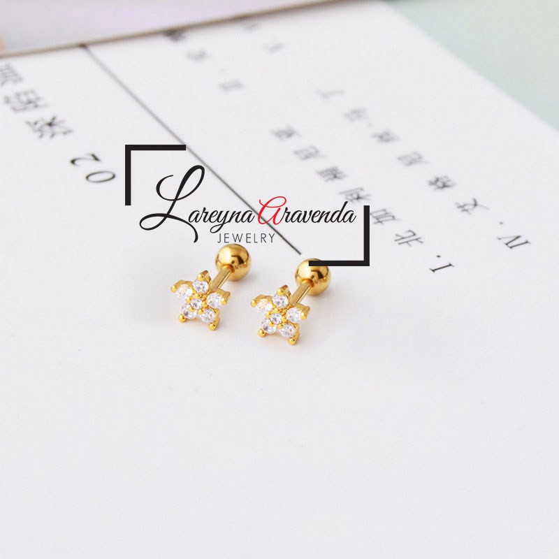 Anting Wanita Titanium Asli Bunga Crystal Kristal Zircon AAA ET004