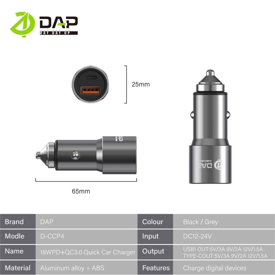 Charger Mobil DAP D-CCP4 Car Charger Fast Charging 3.0 + PD3.0 2 Out