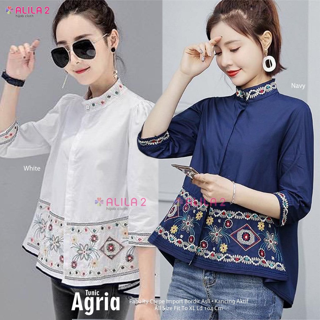 AGRIA Tunik Putih Bordir  Original Kancing Depan Ld 104 ORI 