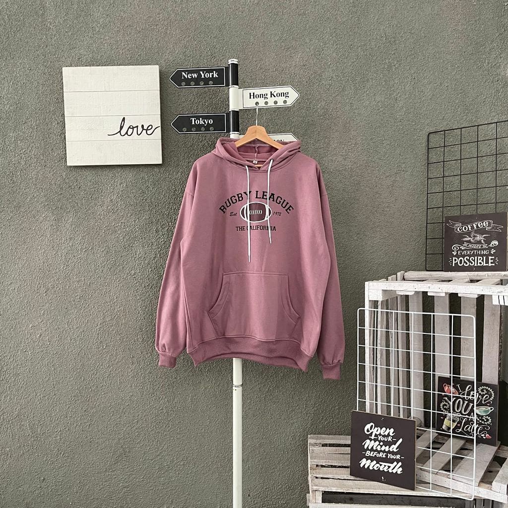 sweater hoodie wanita pria/unisex  RUGBY LEAGUE oversize sweater couple cewek cowok oversize LD 130 CM-Nila Muda
