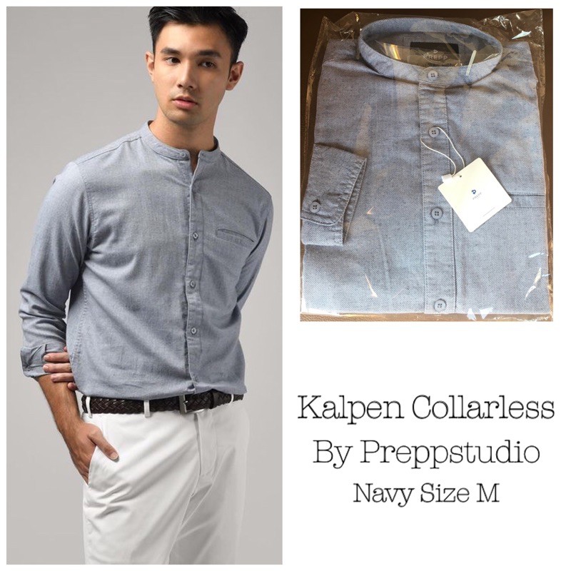 LAST STOCK KALPEN COLLARLESS SHIRT NAVY M BY PREPPSTUDIO