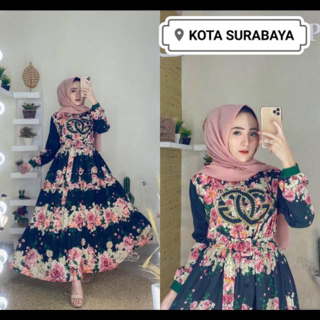 100% ORI SHR NEW dress maxi flower crep import motif chanel bunga soft pink import