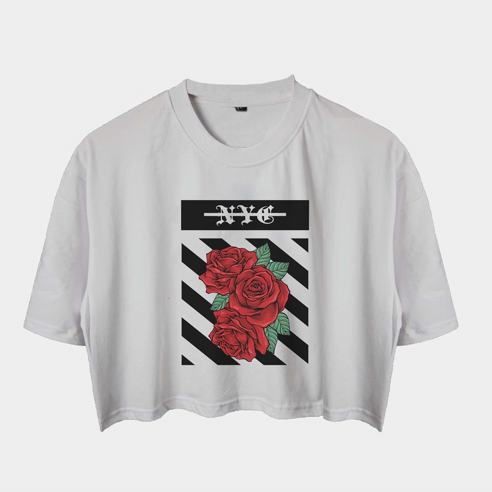 KAOS CROP TOP WANITA  M,L,XL,XXL,3XL CROP TEE BISA UNTUK HIJAB JUGA YAA NYC GAMBAR BUNGA MAWAR// WAR