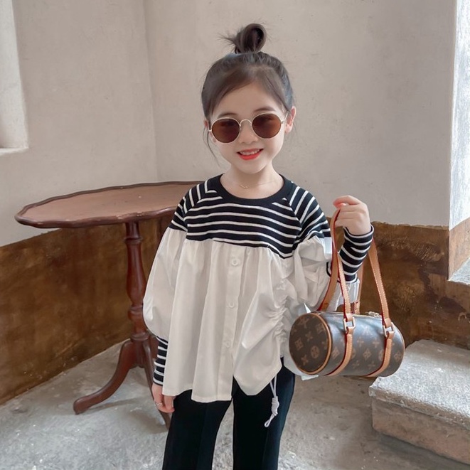 SSP37-Setelan Set Anak Perempuan Fashion Korean Stripe B&amp;W + Celana Kulot