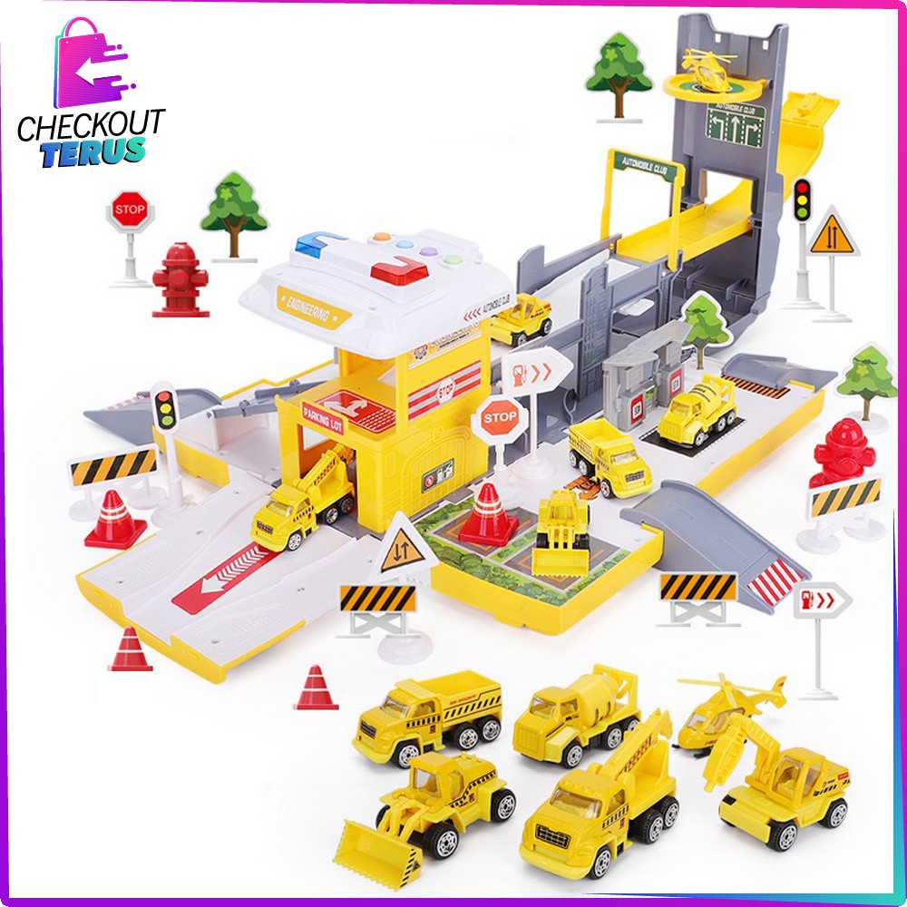 CT M232 M236 Mainan Truk Kontruksi DIY Parking Lot Playset Mainan Mobil Outdoor Adventure Ada Musik Mainan City Parking Lot Set Anak