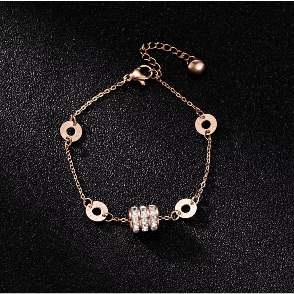 Gelang Rantai Model Tabung Tiga Baris Zirkon Artifisial Angka Romawi Warna Rose Gold dan Gold