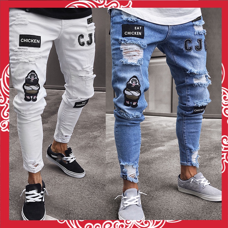 Jeans Pria Putih High-End Denim Pria Celana   Robek Tren Hitam slim Jeans Pria