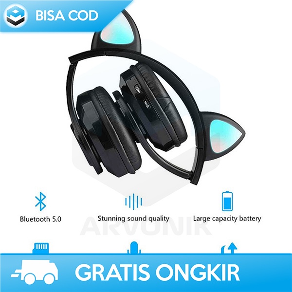 HEADPHONE LUCU HEADSET BLUETOOTH TELINGA KUCING 400MAH 10 METER PINK