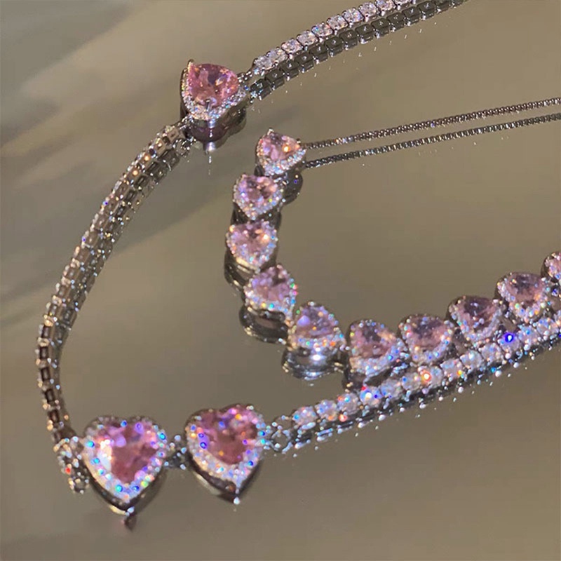 Kalung Rantai Dengan Liontin Hati Warna Pink Aksen Batu Zircon Untuk Wanita