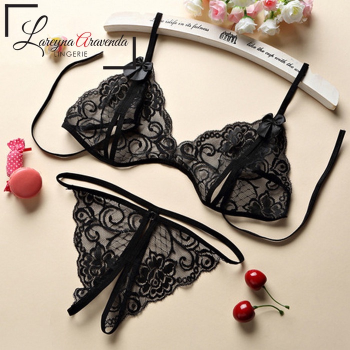 lingerie sexy [Ready Jakarta] Set Bra Sexy Lingerie + G String Bahan Lace LG001 - Hitam baju lingeri
