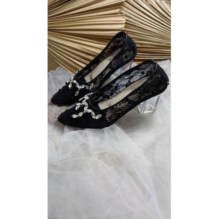 sepatu wanita wedding merisa hitam 7cm kaca