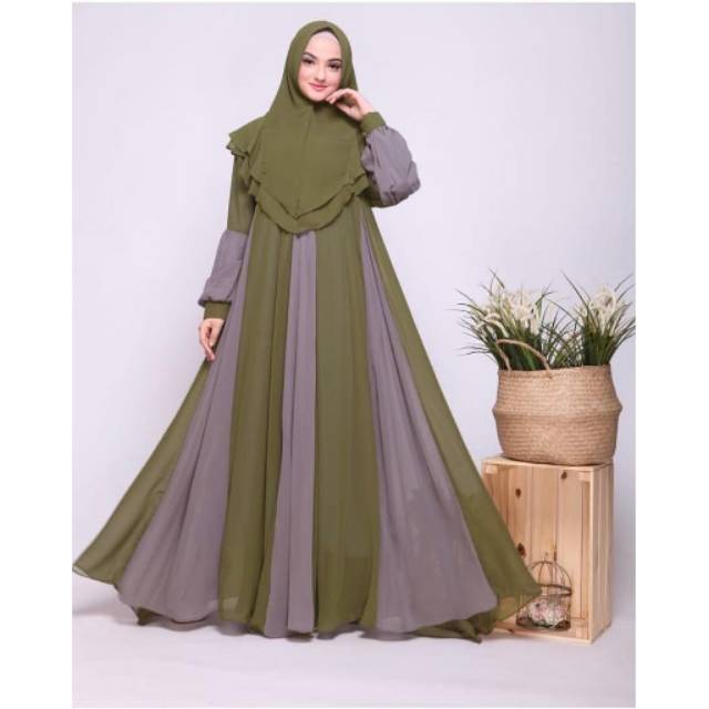 Gamis syari set hijab. Gamis set hijab. Gamis ceruty babydoll, FAIRUZ SYAR'I Army Abu