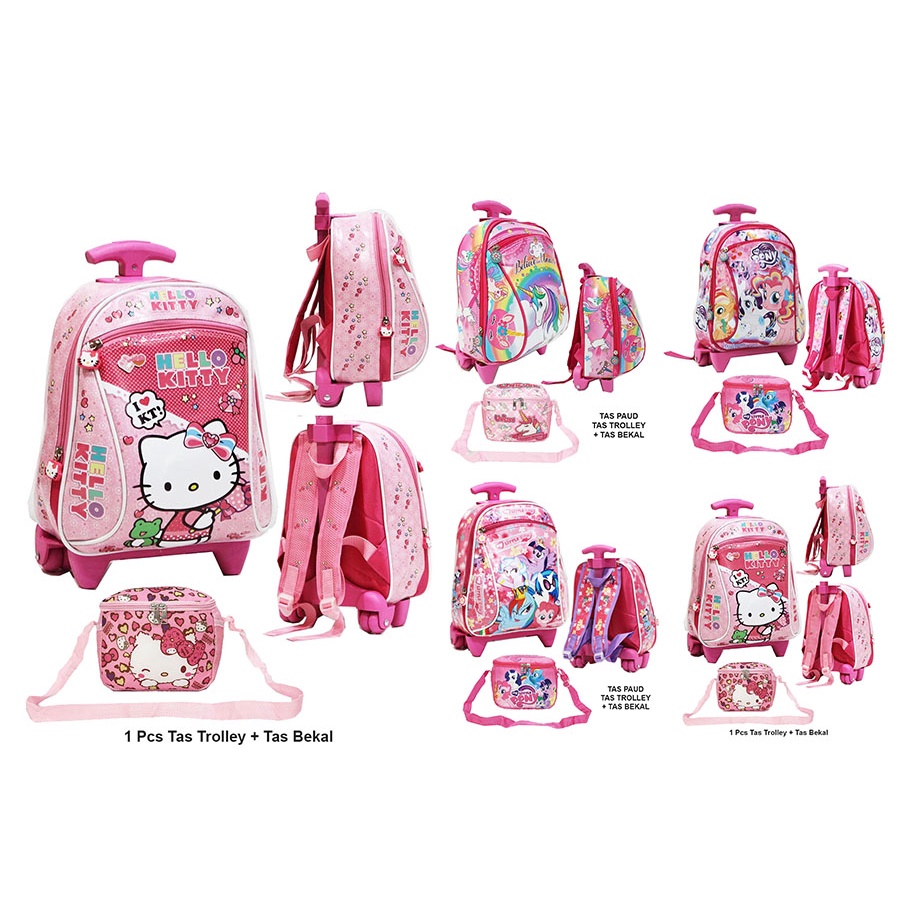 KADO CANTIK SET TROLLEY TAS DORONG ANAK PAUD PEREMPUAN Bahan Tahan Air + Tas Bekal