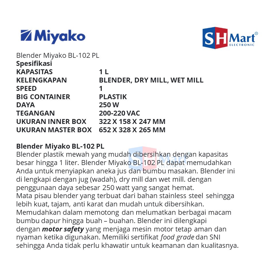MIYAKO BLENDER PLASTIK 3 IN 1 KAPASITAS 1 LITER BL-102PL / BL102PL GARANSI RESMI