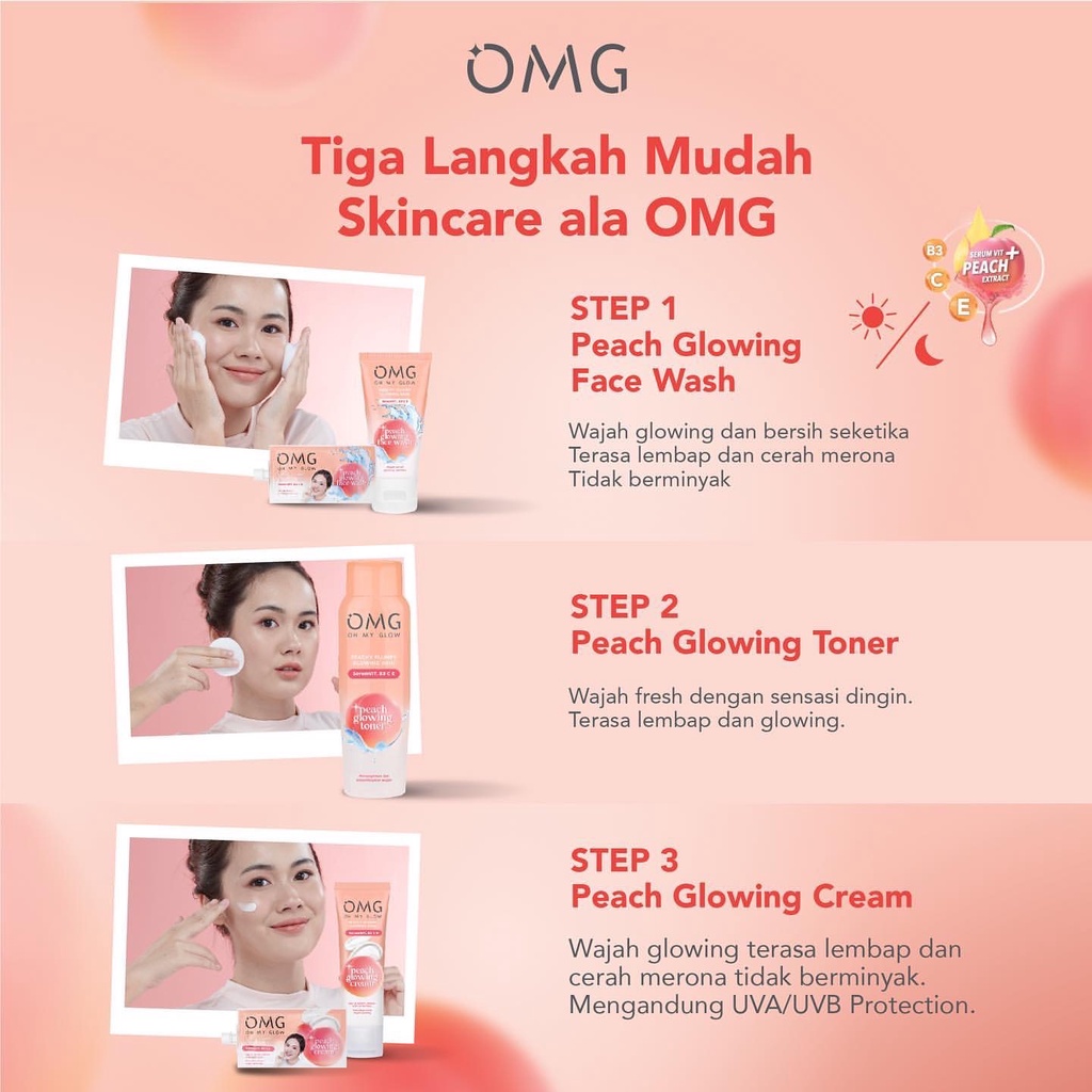 OMG Oh My Glow Peach Glowing Toner Indonesia / Essence Mist Pelembab Wajah 100ml / Skincare Face Care / Facial Wash Cleanser Serum Day Night Eye Cream Moisturizer Sunscreen Mask / Body Lotion / Make Up Glam Foundation Lip Cream / Brightening Acne Paket