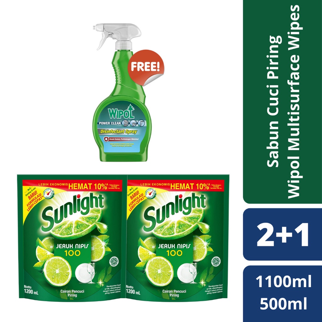 Sunlight Lime New Refill 1100Ml x2 Free Wipol Spray Disinfektan Pembersih Serbaguna PowerClean 500ml
