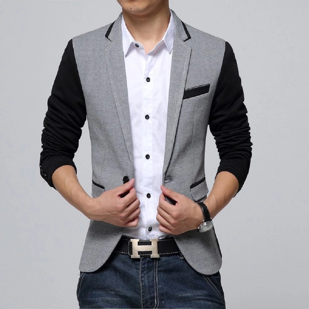 BLAZER ERZA COMBI GREY SLIMFIT KOREAN STYLE ORIGINAL NIKAYU TWIST - BLAZER COWOK KEREN EXCLUSIVE BISA COD