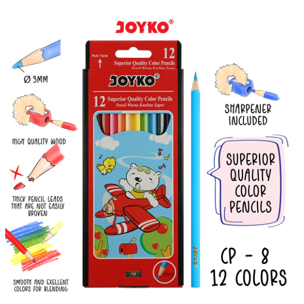 

Pensil Warna / Pensil Warna Kayu Joyko Kualitas Super 12 Warna Panjang