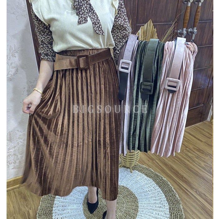 NEW Rok Plisket Bludru Panjang 7 8 Rok Plisket Premium Velvet Free Belt - Pink AO95
