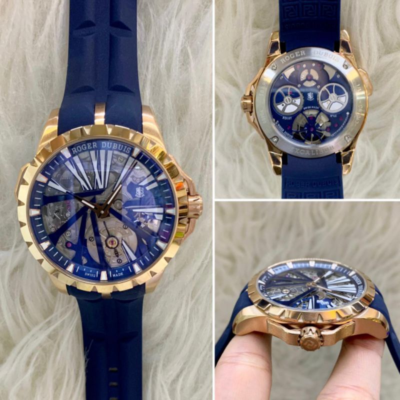 Jam tangan pria Roger Dubuis Autometic japan strap Rubber Ringe rose gold strap blue PREMIUM