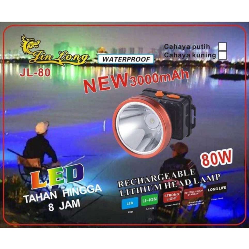 LAMPU SENTER KEPALA JINLONG JL-80P / PB-80S / MS-174P BATERAI 3000MAH 80WATT SENTER KEPALA 80W SUPER TERANG WATERPROOF BISA COD