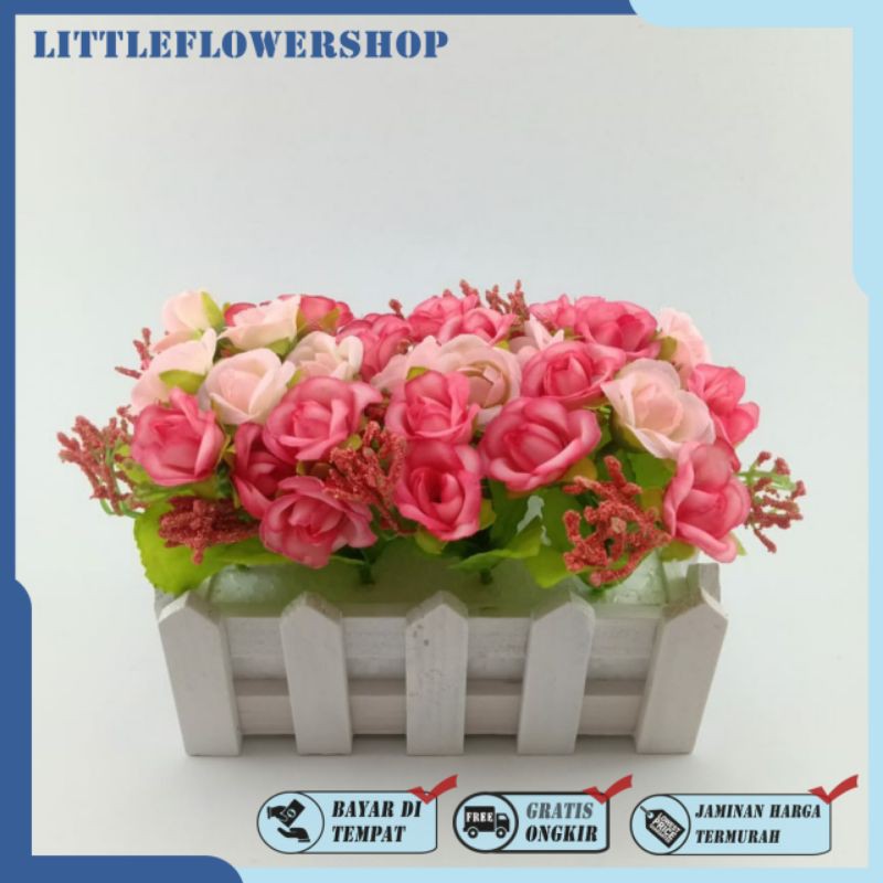 BUNGA PAGAR PUTIH VAS KAYU BENTUK PAGAR BUNGA MEJA BUNGA HIAS BUNGA PLASTIK BP8822-Babypink