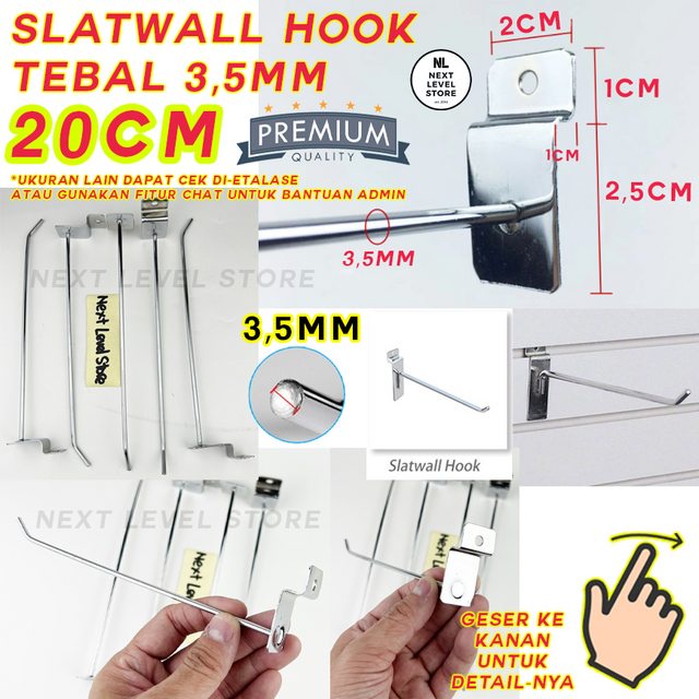 Slatwall Hook Cantolan 20 CM TEBAL 3,5mm Stainless Slat Slot Wall Jepit Gantungan Rak Display Aksesoris