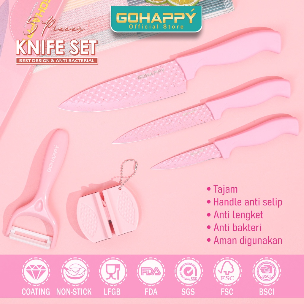 PISAU SET GOHAPPY DIAMOND 5 PCS Nonstick and anti bacterial knives set GHX65