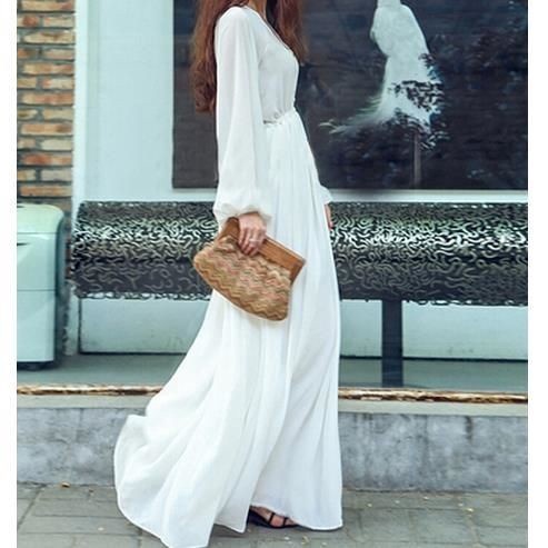 Long Dress Sifon Lengan Lentera Panjang Warna Putih untuk Wanita /