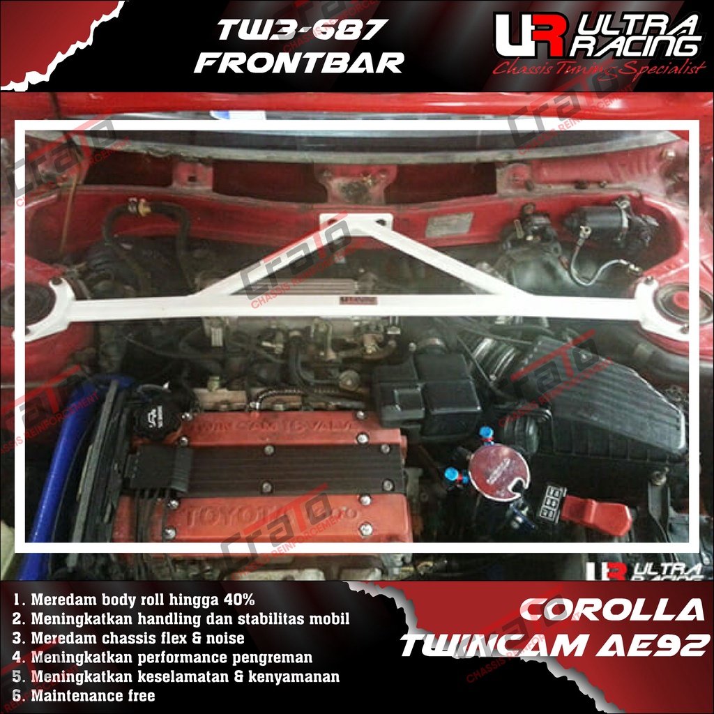 Aksesoris Stabiliser ULTRA RACING Safety Bar - Frontbar Front Strutbar 3 Points - Toyota Corolla Twi