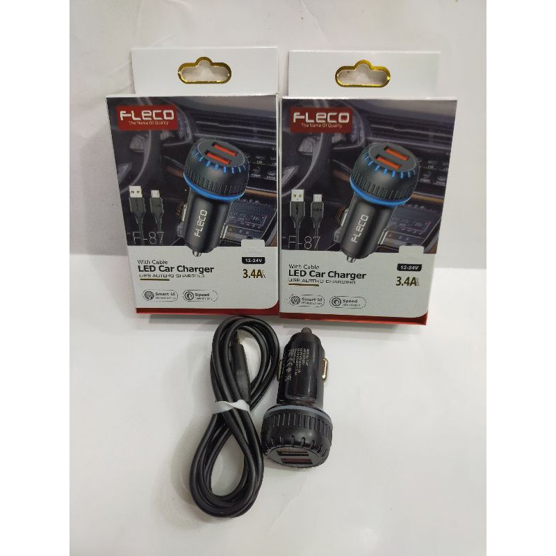 CAR CHARGER PLUG IN MOBIL Saver Fleco LED 2usb F-87 3.4a Charger Casan Mobil 3.4a 2usb BONUS KABEL