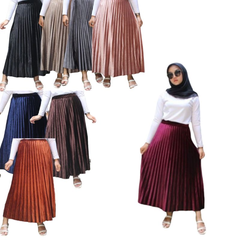 Rok Plisket Velvet Bludru Glossy Premium Lebar Panjang Tebal Mengkilat Umbrella Skirt