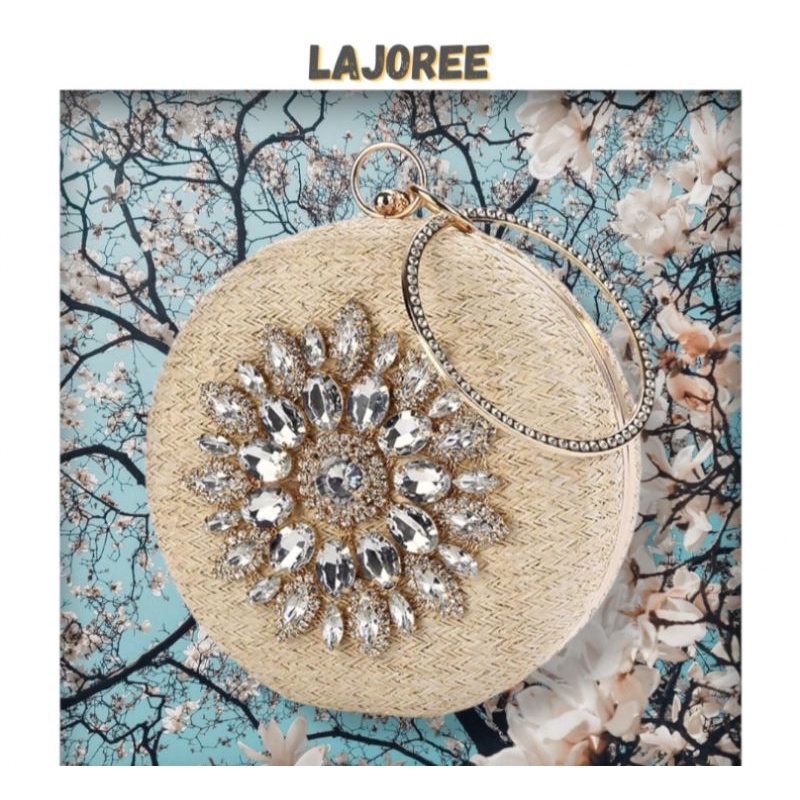 LAJOREE Rattan Clutch Tas Pesta Gelang Cantik Clutch Selempang Bulat Bundar Korea Kekinian Kondangan Wanita