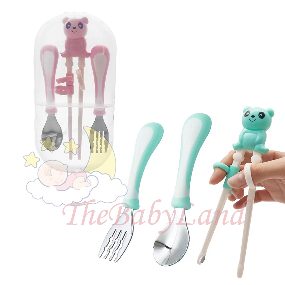 [1KG 6PCS] Babyland Alat makan Sendok Garpu sumpit Set anak/ Set Alat Makan Anak/ Stainless Gratis Tempat Simpan Chopstick Training Latihan Sumpit