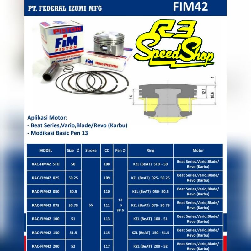 Piston Seher FIM Izumi Beat Scoopy Spacy Karbu Fi ESP 50 50.25 50.5 Pin 13 FIM 42 - STD 025 050