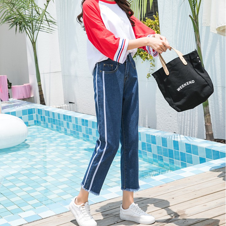  Celana  Panjang Jeans  Denim  Model High Waist Longgar  dengan 