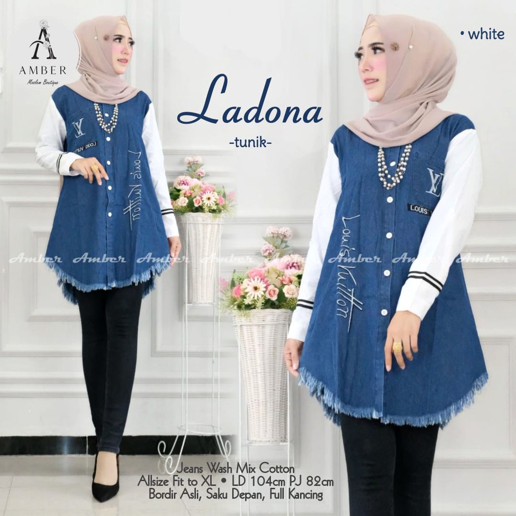 Tunik LADONA bahan jeans wash mix katun bordir saku depan full kancing atasan wanita blouse polos