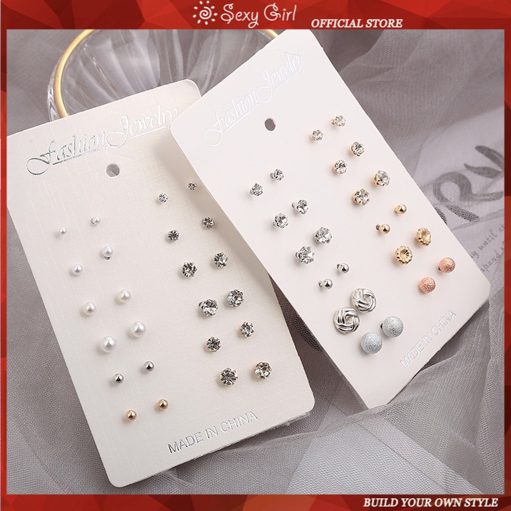 12 Pasang / Set Anting Tusuk Desain Bola Mutiara Berlian Kecil Warna Emas / Silver Untuk Wanita