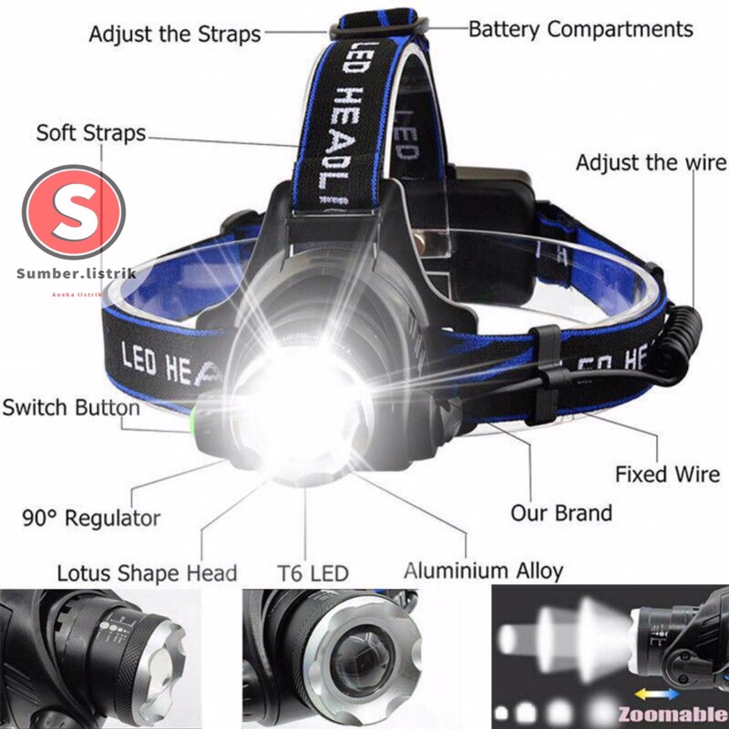 Senter Kepala LED Zoom Super Terang Headlamp LED Cree XML T6 Waterproof Anti Air