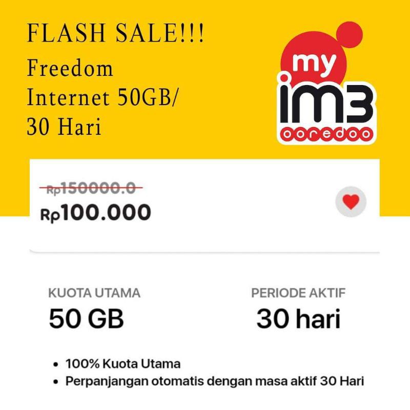 PROMO Paket Data Freedom Internet Indosat 50GB /30 Hari IM3