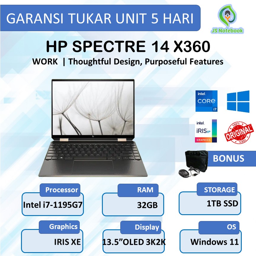 HP SPECTRE X360 14 2IN1 TOUCH OLED I7 1195G7 32GB 1TBSSD 13.9 3K2K IRISXE W11+OHS-NIGHTFALL BLACK