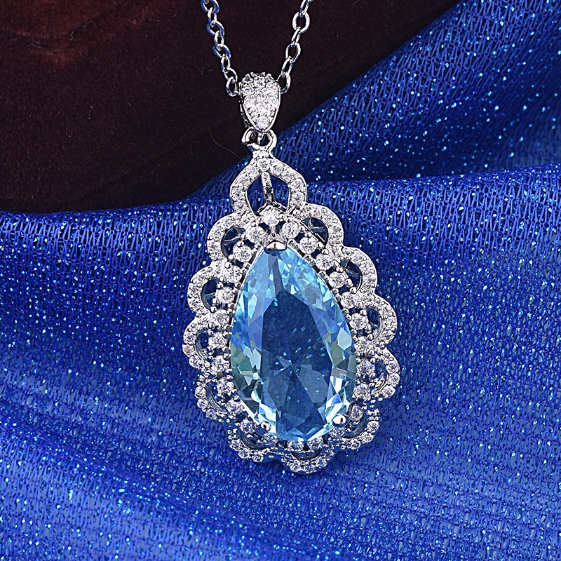 [Ready Stock]Fashion Luxury Full Diamond Inlaid Blue Gem Drop Necklace Pendant