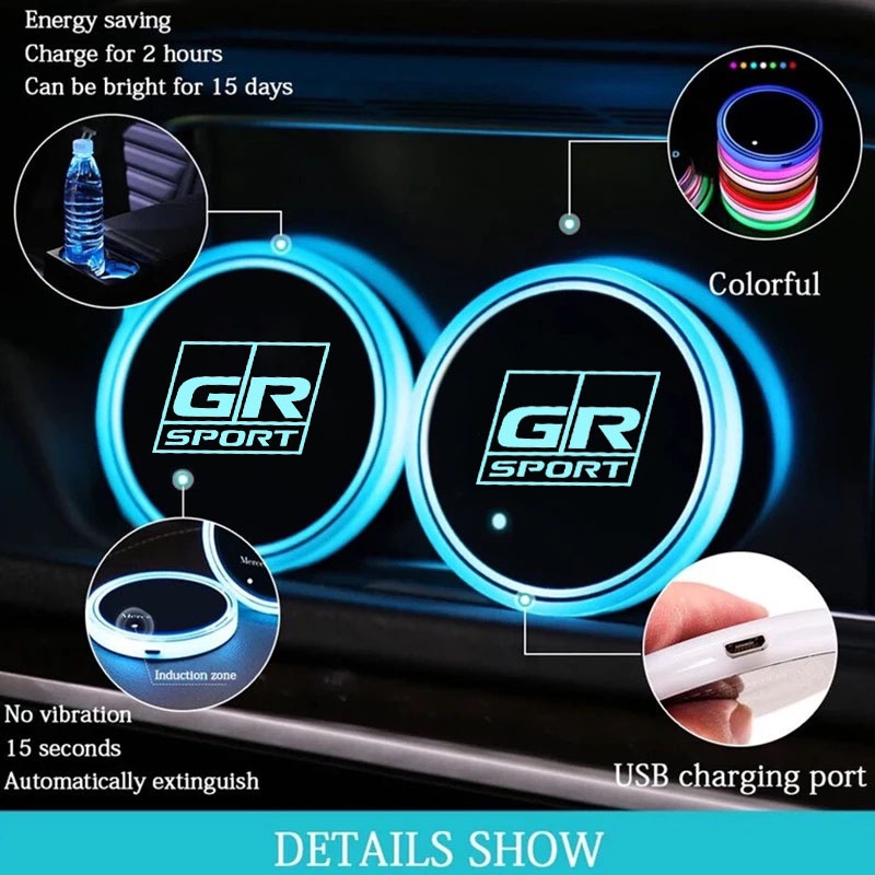 Gr Sport Luminous Car Water Cup Coaster Holder 7warna Warni Pengisian USB Untuk GR Racing Toyota Vios Veloz Yaris Corolla Cross Wish CHR Avanza Fortuner Rush Innova raize Rav4