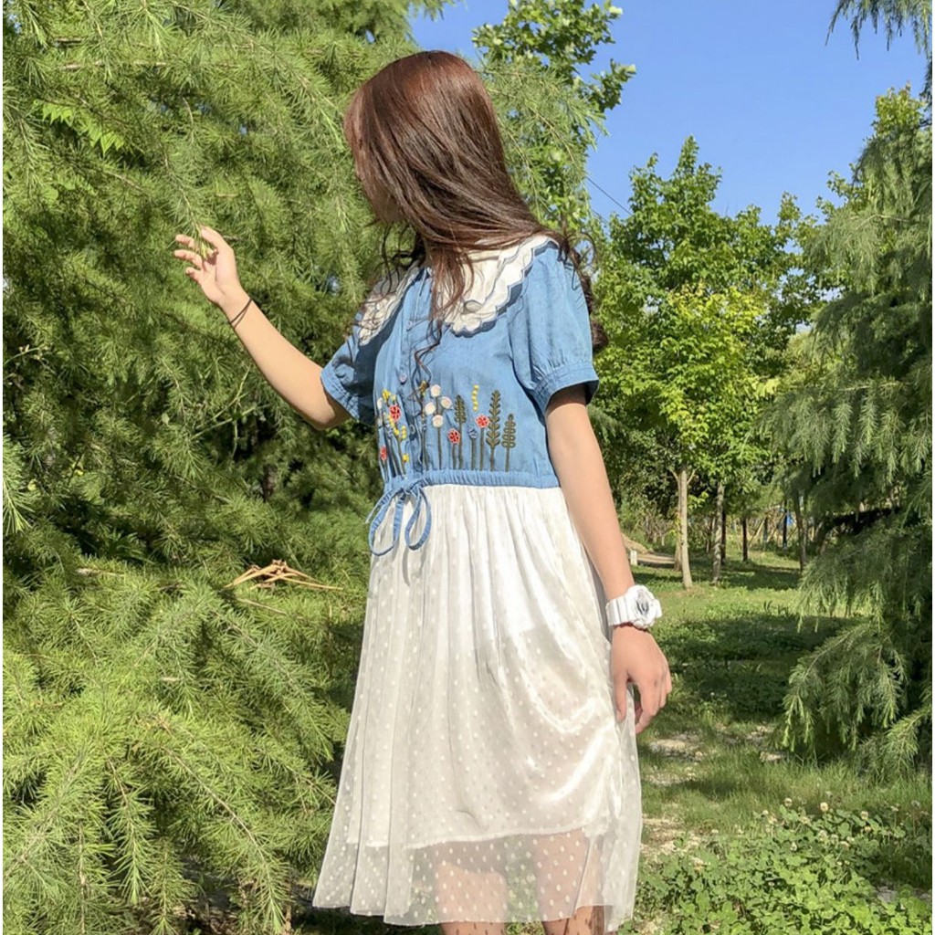 MR-63 casual dress denim navy lace flower summer baju import jepang korea