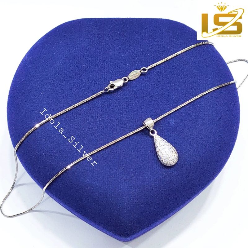 KALUNG PERAK ASLI SILVER WANITA 925 LAPIS EMAS PUTIH MODEL LIONTIN OVAL PERMATA KEMBUNG - PERHIASAN PERAK WANITA ASLI